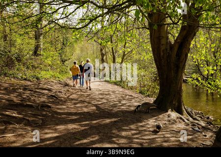 Un groupe de trois personnes marchent le long d'un chemin sablonneux dans une scène boisée au bord de la rivière à Etherow Country Park, Stockport, Greater Manchester. Banque D'Images
