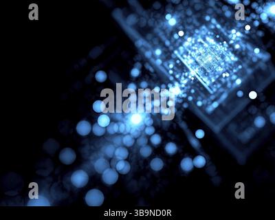 Les bulles technologiques floues - image abstraite générée par ordinateur. Art fractal : chaos incandescent lignes et cercles. Arrière-plan flou foncé avec copyspace Banque D'Images