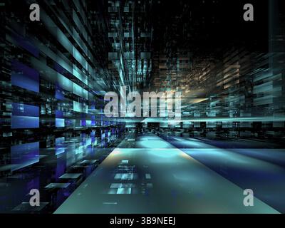 Rue futuriste de la ville aux couleurs aqua. Illustration 3D abstraite générée par ordinateur. Fractale Science-fiction, technologie de l'information ou Re virtuelle Banque D'Images