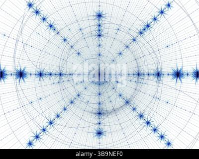 Texture blanche et bleue avec rayons, étoiles et spirales-. Illustration abstraite générée par ordinateur. Fractale Concept ésotérique ou technologique Banque D'Images