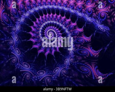 Spirale fractale texturée - dans les couleurs bleu et violet. Illustration abstraite générée par ordinateur - fractale. Numérique Beau motif lumineux pour la couverture Banque D'Images