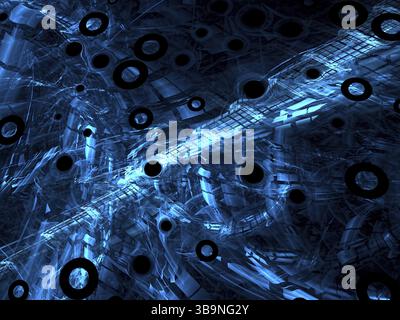Technologie ou fond de science-fiction - image abstraite générée par ordinateur. Art fractal : structure métallique avec grille et trous comme un vaisseau spatial. Pour les couvercles, p Banque D'Images