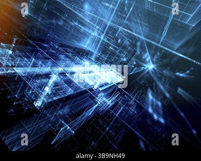 SCI fi ou arrière-plan de réalité virtuelle - image abstraite générée par ordinateur. Art fractal : lignes lumineuses avec perspective et effets de lumière. Pour la conception Web Banque D'Images