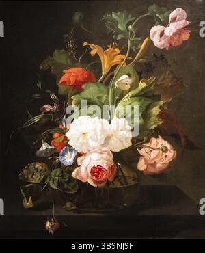 Rachel Ruysch, fleurs dans un vase en verre sur table en marbre, huile sur toile, fondation du musée Hoogsteder, la Haye Banque D'Images