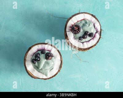 Deux demi noix de coco avec du yogourt ou smoothie sur fond bleu. Smoothie spiruline bleue dans la noix de coco avec des baies congelées. Des idées et des recettes pour une veg Banque D'Images