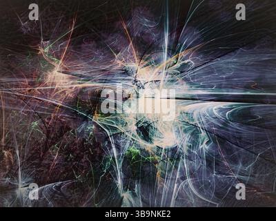 Fond sombre abstrait - image générée par ordinateur. Art fractal : lignes et courbes du chaos. Touches placées aléatoirement. Toile de fond pour bannières, affiches, web Banque D'Images