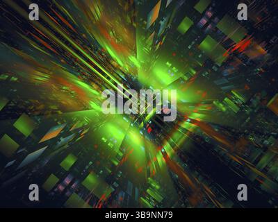 Illustration abstraite 3D générée par ordinateur vert foncé dans un style technologique. Art fractal : les murs brillants sont constitués de blocs incandescents. Fond de concept IT ou VR Banque D'Images