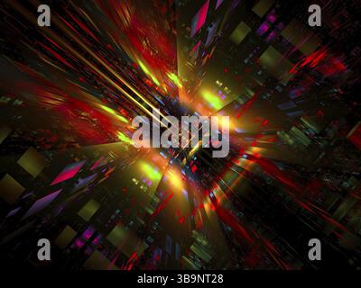 Illustration abstraite sombre générée par ordinateur en 3D. Art fractal : les murs brillants colorés se composent de blocs lumineux avec des effets de lumière. Technol de l'information Banque D'Images
