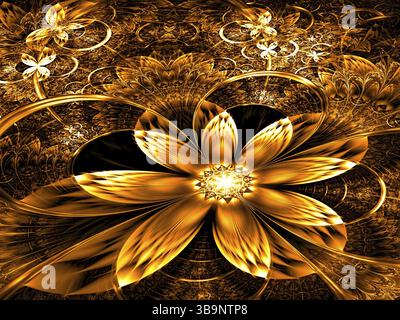 Fleur fractale - image abstraite générée par ordinateur. Art numérique : fleur mystère inhabituelle avec des pétales texturés sur un fond avec des motifs complexes. Banque D'Images