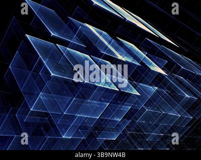 Fond de cubes bleu foncé - image abstraite générée par ordinateur. Géométrie fractale : boîtes translucides créées les unes aux autres. Pour la conception Web, couvertures, ban Banque D'Images