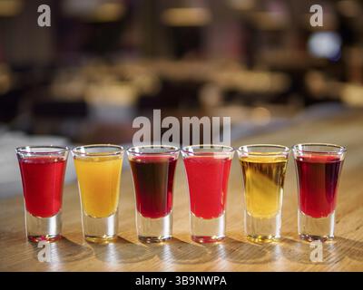 Ensemble de différents amers et liqueurs colorés dans des verres à grenaille sur le comptoir de bar. Collection de tireurs. Sélection de teintures alcooliques naturelles de baies Banque D'Images