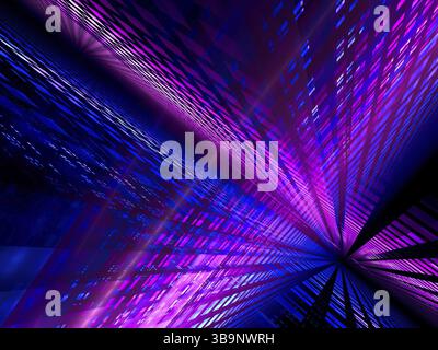Technologie future, science-fiction ou arrière-plan de réalité virtuelle. Plans luminescents au néon avec effet de perspective. Couleurs bleu et violet. Fractal - abstrait 3d il Banque D'Images