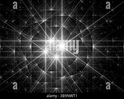 Fond fractal abstrait - image générée par ordinateur. Art numérique : étoiles brillantes et lignes de chaos, courbes et cercles. Pour couvertures, affiches, bannières Banque D'Images