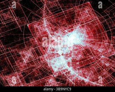 Arrière-plan de thème de la technologie ou de l'espace - image abstraite générée par ordinateur. Cercles de chaos, lignes, formes avec effets de lumière. Pour les bannières, web design, co Banque D'Images