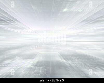 Image générée par ordinateur sur fond blanc abstrait. Géométrie fractale : la surface texturée pâle s'étend jusqu'à l'horizon. Toile de fond pâle pour les entreprises et les techn Banque D'Images