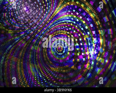 Fond fractal coloré abstrait - mosaïque avec des cercles concentriques courbes, image générée par ordinateur. Art numérique : courbes, cellules et effets de lumière. Banque D'Images