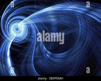 Technologie rayée, fond hi-tech ou science-fiction - image abstraite générée par ordinateur. Géométrie fractale : spirale brillante avec rayons courbés et effec de la lumière Banque D'Images