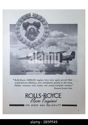 Publicité originale de 1943 du magazine Aeroplane faisant la promotion des moteurs Rolls-Royce Merlin utilisés dans le bombardier Handley page Halifax. La publicité met en évidence les performances et la fiabilité des quatre moteurs Merlin équipant l'avion, crédités d'avoir contribué au succès allié sur les territoires tenus par l'ennemi. Daté du 12 mars 1943 et présentant des images d'aviation vintage et une typographie d'époque, il s'agit d'un rare exemple de publicité aérospatiale de la seconde Guerre mondiale. Banque D'Images