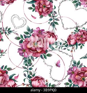 Motif floral abstrait fleurs roses, coeurs, papillon. Pivoines d'aquarelle avec des feuilles isolées du fond. Répéter l'illustration sans couture pour Banque D'Images