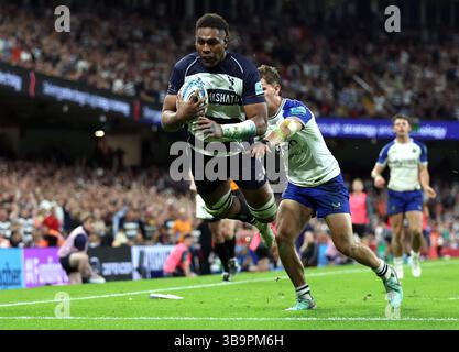 Viliame Mata des Bristol Bears marque un essai lors du Gallagher Premiership match au Principality Stadium de Cardiff. Date de la photo : samedi 10 mai 2025. Banque D'Images
