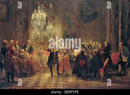 Frédéric II le Grand - concert de flûte de Sanssouci d'Adolph Menzel (1852, Alte Nationalgalerie, Berlin). Frederick est représenté jouant de la flûte dans sa salle de musique à Sanssouci tandis que C. P. E. Bach l'accompagne sur un piano-fort de Gottfried Silbermann. Banque D'Images