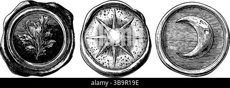 Ensemble de symboles gravés représentant des motifs de caput mortuum, de fleurs, d'étoiles et de croissant pour des projets d'art. Illustration de Vecteur