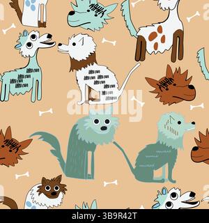 Modèle sans couture avec des chiens mignons dessinés à la main. Illustration vectorielle. Illustration de Vecteur