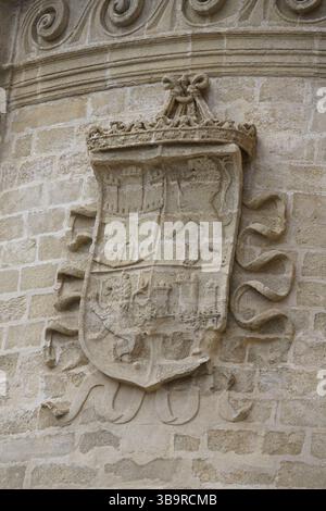 Gros plan d'un blason en pierre sculpté sur une façade de bâtiment historique à Séville, Espagne, montrant des détails héraldiques altérés.Séville, Espagne Banque D'Images