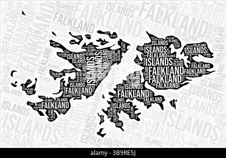 Les régions des îles Falkland cartographient le nuage de mots. Noms des régions des îles Falkland. Conception de carte en noir et blanc. Illustration vectorielle élégante. Illustration de Vecteur