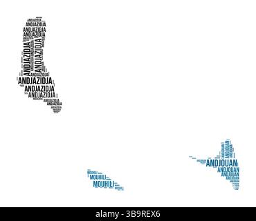 Comores Word Cloud. Forme du pays avec division de région. Image de style typographique Comores. Nuages de balises de noms de région. Illustration vectorielle. Illustration de Vecteur