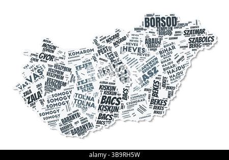 Nuage de texte de forme Hongrie. Frontière de pays avec ombre sur fond blanc. Hongrie avec division des régions dans le style vintage gazette. Illustration de Vecteur