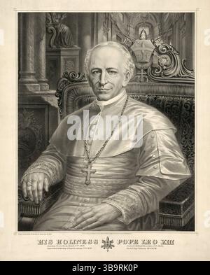 Le pape Léon XIII (né Gioacchino Vincenzo Raffaele Luigi Pecci ; 2 mars 1810 – 20 juillet 1903) fut le chef de l'Église catholique du 20 février 1878 jusqu'à sa mort en juillet 1903. Il a eu le quatrième plus long règne de tous les pape. Il est bien connu pour son intellectualisme et ses tentatives de définir la position de l'Église catholique à l'égard de la pensée moderne. Dans sa célèbre encyclique Rerum novarum de 1891, le pape Léon a décrit les droits des travailleurs à un salaire équitable, à des conditions de travail sûres et à la formation de syndicats. Banque D'Images