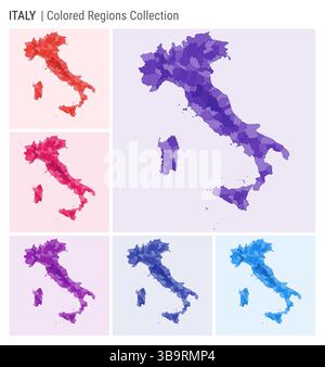 Collection de cartes de l'Italie. Forme de pays avec régions colorées. Violet foncé, rouge, rose, violet, indigo, palettes de couleurs bleues. Illustration de Vecteur