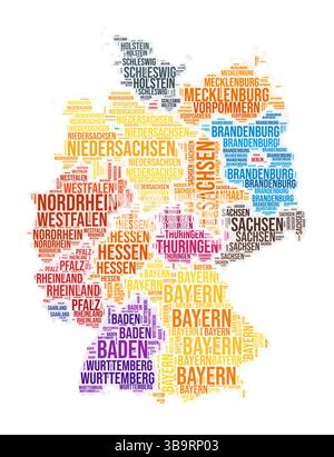 Nuage de mots de la région Allemagne. Forme campagnarde. Allemagne illustration colorée. Nuage de collage de noms de région. Illustration vectorielle. Illustration de Vecteur