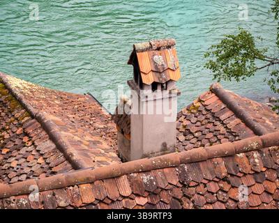 Une vue rapprochée d'une cheminée sur un toit rustique, entourée de mousse et de lichen. Le toit présente des tuiles en terre cuite avec un aspect altéré. Dans le b Banque D'Images