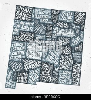 Nuages de mots des comtés du Nouveau-Mexique. Forme de l'état sur fond texturé. Design du Nouveau Mexique dans un style typographique. Illustration vectorielle créative. Illustration de Vecteur