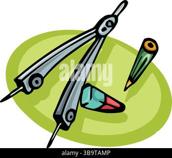 Une illustration vectorielle abstraite montre un crayon et une gomme et des outils de rapporteur dans un style de dessin animé Illustration de Vecteur