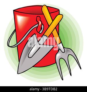 Une illustration vectorielle abstraite montre un ensemble d'outils de seau et de pelle et de râteau dans le style de dessin animé Illustration de Vecteur