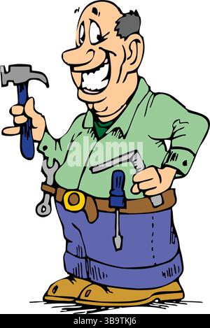 Une illustration vectorielle abstraite montre un charpentier tenant un marteau à main et un angle de règle dans le style de dessin animé Illustration de Vecteur