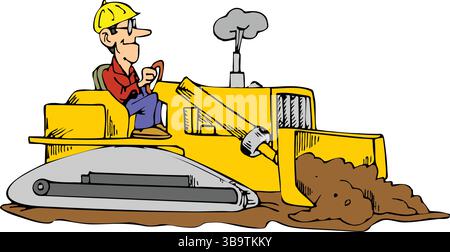 Une illustration vectorielle abstraite montre un bulldozer à entraînement de travailleur dans un style de dessin animé Illustration de Vecteur