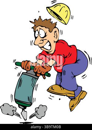 Une illustration vectorielle abstraite montre un travailleur de la construction utilisant Jackhammer dans le style de dessin animé Illustration de Vecteur