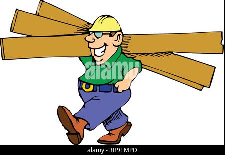 Une illustration vectorielle abstraite montre un ouvrier de la construction portant des planches en bois dans le style de dessin animé Illustration de Vecteur
