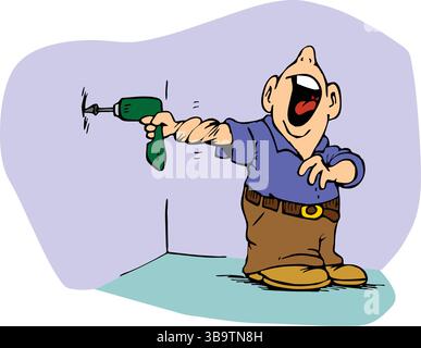 Une illustration vectorielle abstraite montre un travailleur utilisant la perceuse dans le style de dessin animé Illustration de Vecteur