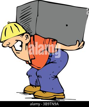 Une illustration vectorielle abstraite montre un travailleur portant un bloc de béton lourd dans le style de dessin animé Illustration de Vecteur