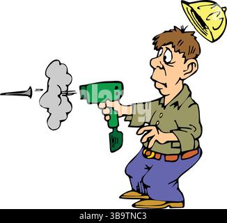 Une illustration vectorielle abstraite montre un travailleur utilisant un pistolet à ongles dans un style de dessin animé Illustration de Vecteur