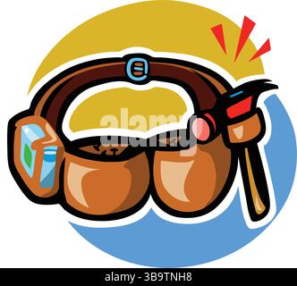 Une illustration vectorielle abstraite montre une ceinture à outils de poche de charpentier avec marteau dans le style de dessin animé Illustration de Vecteur