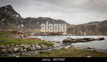 Une vue panoramique de King Edward Cove en Géorgie du Sud et de la station baleinière abandonnée de Grytviken, vue le 23 décembre 2024. Banque D'Images