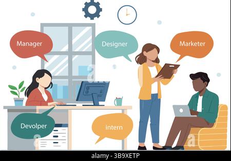 Modern diverse Team collaboration Developer Designer Marketer Manager stagiaire travaillant ensemble dans Office Illustration de Vecteur
