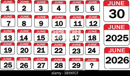 Calendrier de juin et juillet 2025 et 2026 – modèle vectoriel imprimable avec icônes de date quotidienne, mise en page propre et conception d'en-tête rouge Illustration de Vecteur