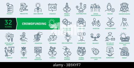 Icônes de crowdfunding : idées et projets de financement en ligne Illustration de Vecteur